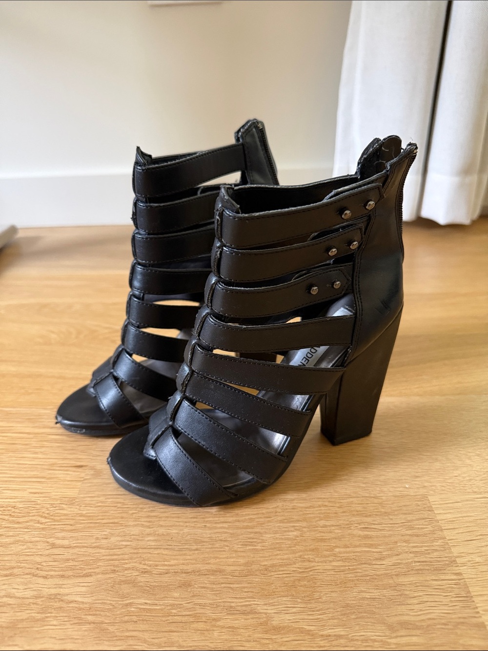 Steve Madden Black Strappy Cage Block Heel Sandals